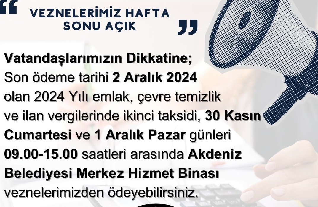 Akdeniz Belediyesi, son ödeme tarihi 2 Aralık 2024 olan emlak,