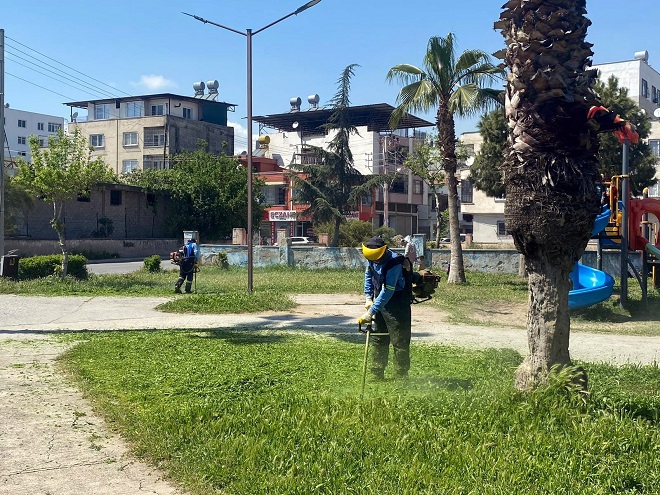 Akdeniz’de yeşil alanlar budanıp temizleniyor, eksiği olan parkların bakım onarım